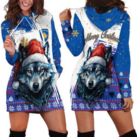 Kosovo Christmas Hoodie Dress with Santa Wolf Snowflakes Blue Pattern and National Emblem - Wonder Print Shop