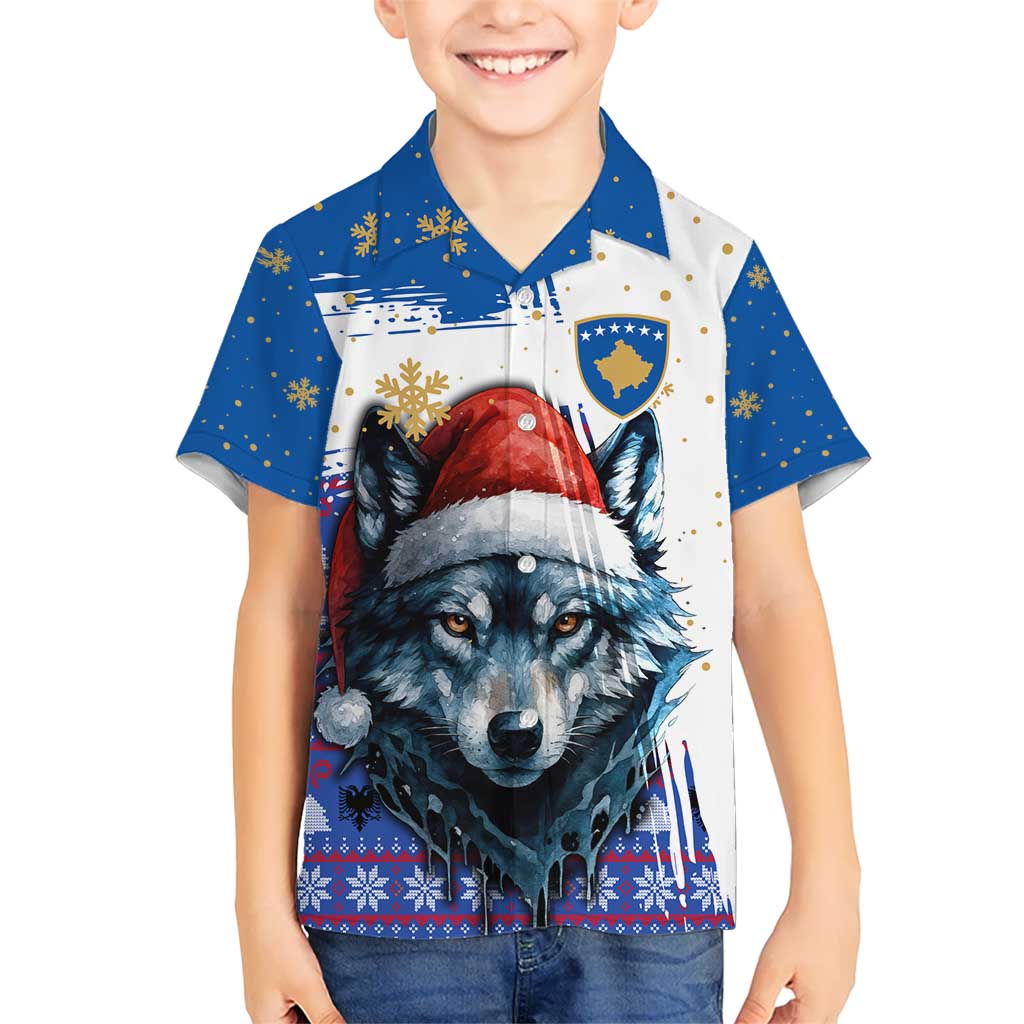 Kosovo Christmas Kid Hawaiian Shirt with Santa Wolf Snowflakes Blue Pattern and National Emblem - Wonder Print Shop