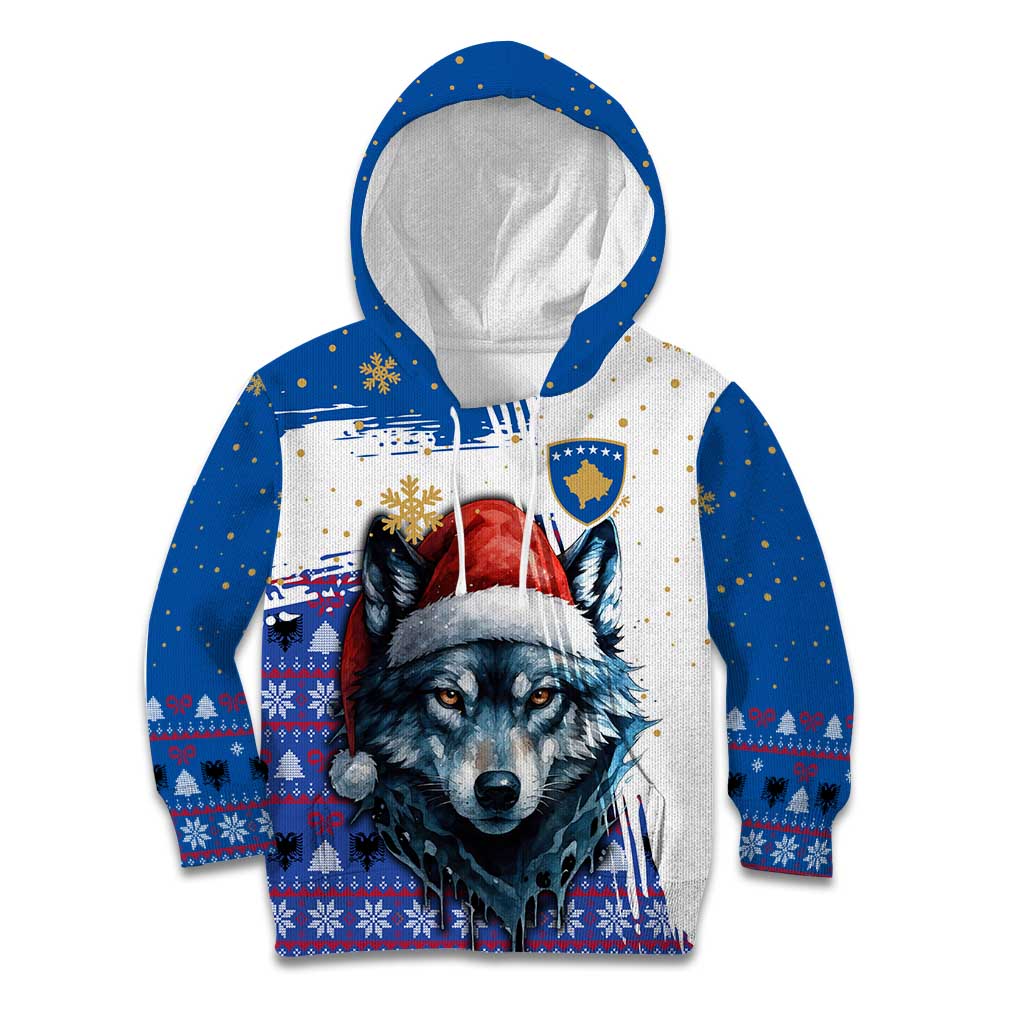 Kosovo Christmas Kid Hoodie with Santa Wolf Snowflakes Blue Pattern and National Emblem - Wonder Print Shop