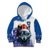Kosovo Christmas Kid Hoodie with Santa Wolf Snowflakes Blue Pattern and National Emblem - Wonder Print Shop
