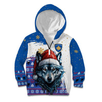 Kosovo Christmas Kid Hoodie with Santa Wolf Snowflakes Blue Pattern and National Emblem - Wonder Print Shop