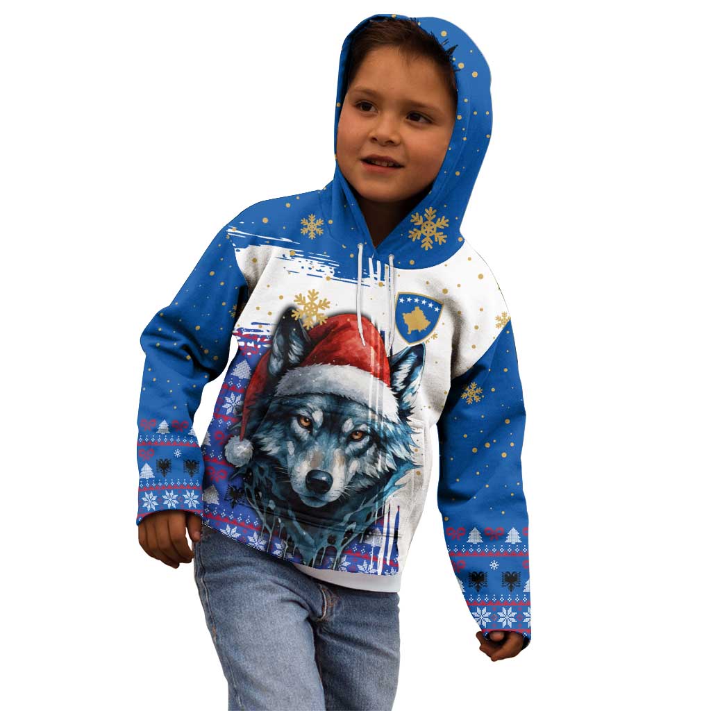 Kosovo Christmas Kid Hoodie with Santa Wolf Snowflakes Blue Pattern and National Emblem - Wonder Print Shop