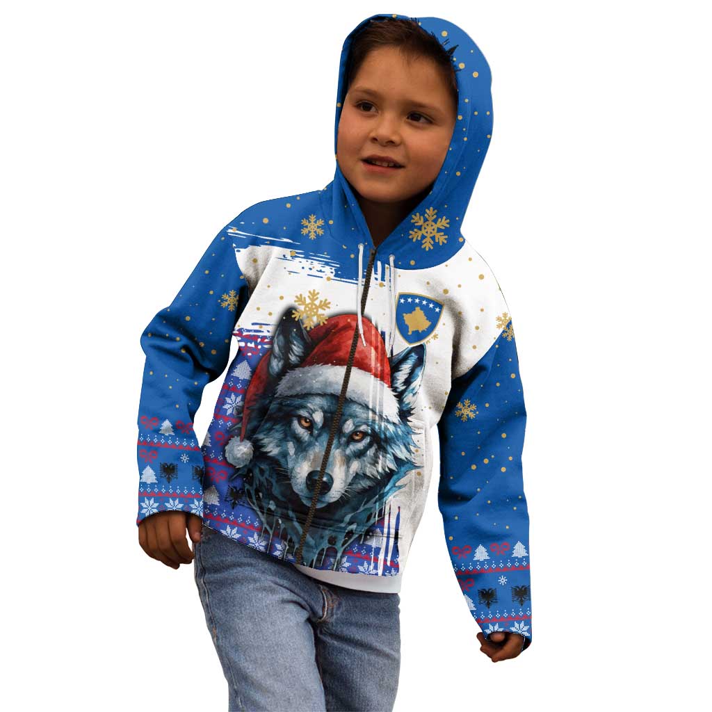 Kosovo Christmas Kid Hoodie with Santa Wolf Snowflakes Blue Pattern and National Emblem - Wonder Print Shop