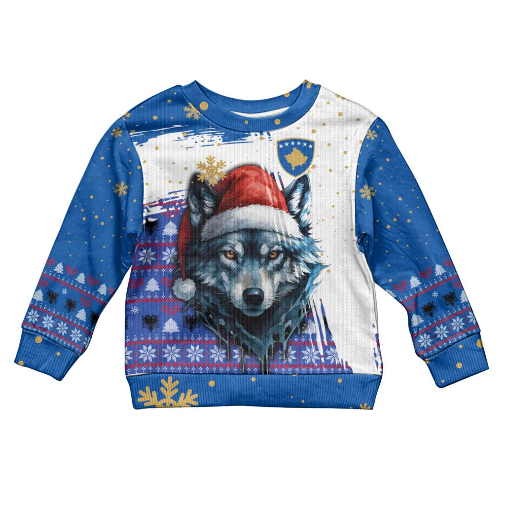 Kosovo Christmas Kid Ugly Christmas Sweater with Santa Wolf Snowflakes Blue Pattern and National Emblem - Wonder Print Shop