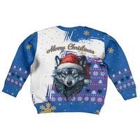 Kosovo Christmas Kid Ugly Christmas Sweater with Santa Wolf Snowflakes Blue Pattern and National Emblem - Wonder Print Shop