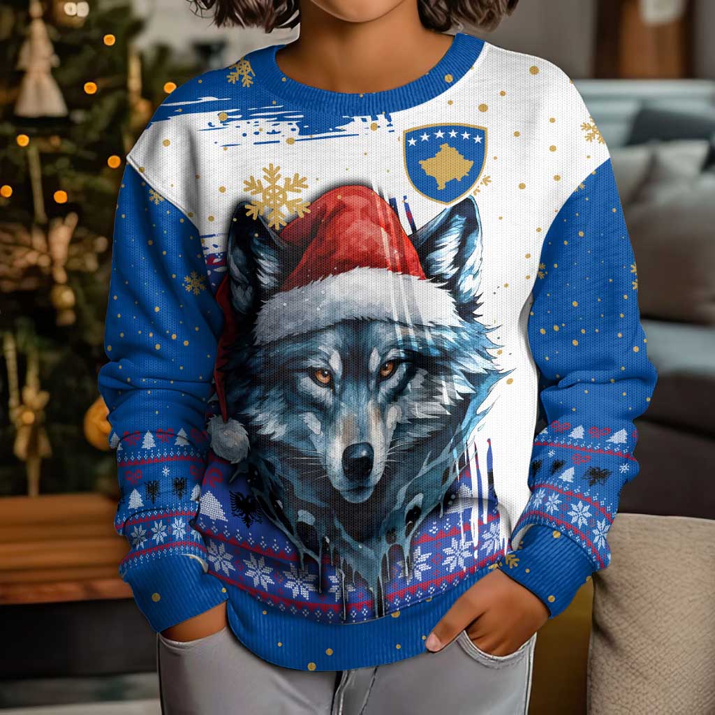Kosovo Christmas Kid Ugly Christmas Sweater with Santa Wolf Snowflakes Blue Pattern and National Emblem - Wonder Print Shop