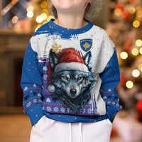 Kosovo Christmas Kid Ugly Christmas Sweater with Santa Wolf Snowflakes Blue Pattern and National Emblem - Wonder Print Shop