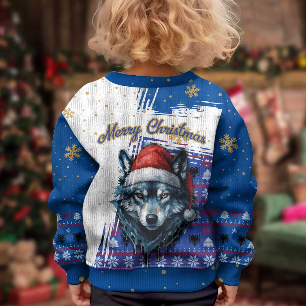 Kosovo Christmas Kid Ugly Christmas Sweater with Santa Wolf Snowflakes Blue Pattern and National Emblem - Wonder Print Shop