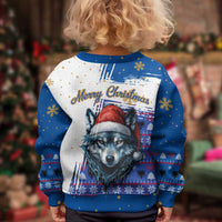 Kosovo Christmas Kid Ugly Christmas Sweater with Santa Wolf Snowflakes Blue Pattern and National Emblem - Wonder Print Shop