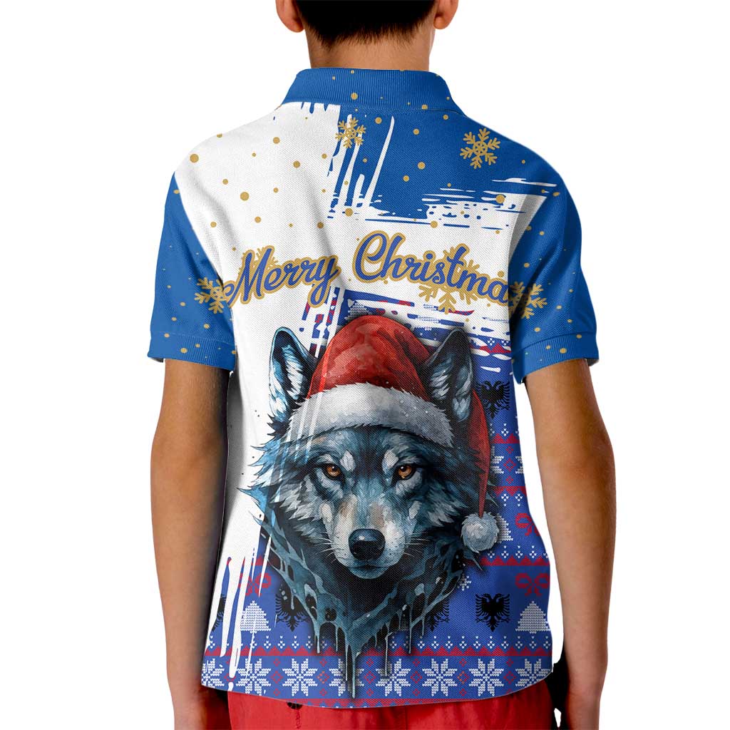 Kosovo Christmas Kid Polo Shirt with Santa Wolf Snowflakes Blue Pattern and National Emblem - Wonder Print Shop