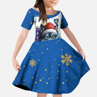 Kosovo Christmas Kid Short Sleeve Dress with Santa Wolf Snowflakes Blue Pattern and National Emblem - Wonder Print Shop
