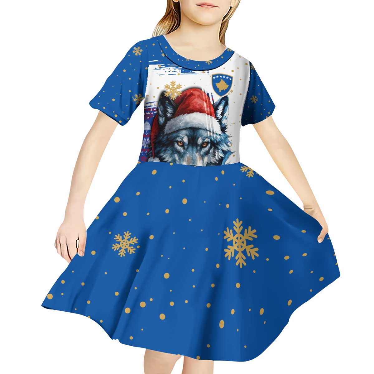 Kosovo Christmas Kid Short Sleeve Dress with Santa Wolf Snowflakes Blue Pattern and National Emblem - Wonder Print Shop