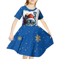Kosovo Christmas Kid Short Sleeve Dress with Santa Wolf Snowflakes Blue Pattern and National Emblem - Wonder Print Shop