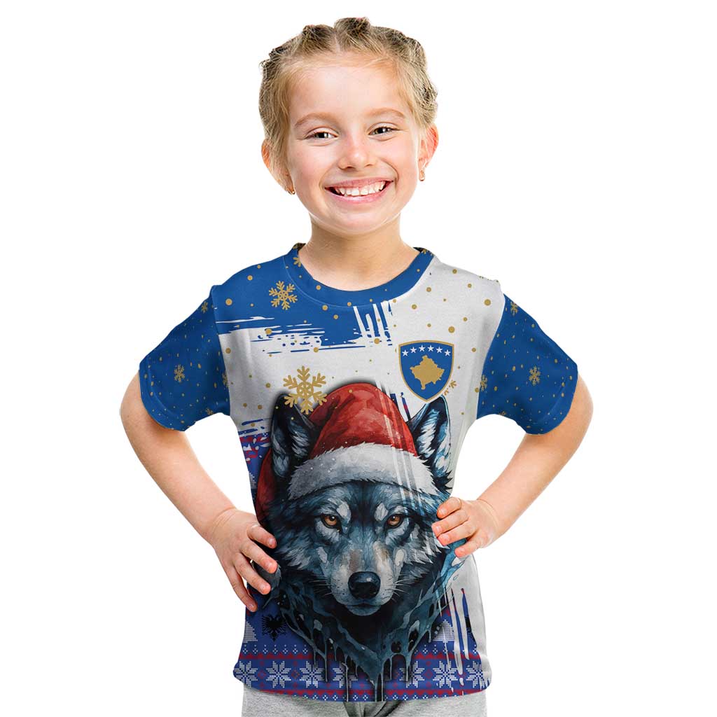 Kosovo Christmas Kid T Shirt with Santa Wolf Snowflakes Blue Pattern and National Emblem - Wonder Print Shop
