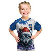 Kosovo Christmas Kid T Shirt with Santa Wolf Snowflakes Blue Pattern and National Emblem - Wonder Print Shop