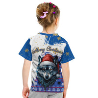 Kosovo Christmas Kid T Shirt with Santa Wolf Snowflakes Blue Pattern and National Emblem - Wonder Print Shop