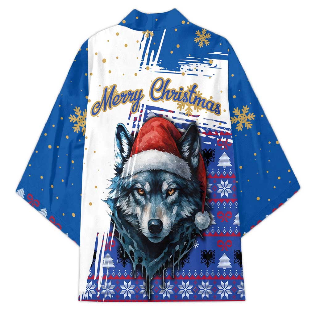 Kosovo Christmas Kimono with Santa Wolf Snowflakes Blue Pattern and National Emblem - Wonder Print Shop