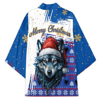 Kosovo Christmas Kimono with Santa Wolf Snowflakes Blue Pattern and National Emblem - Wonder Print Shop