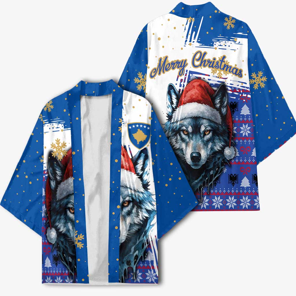 Kosovo Christmas Kimono with Santa Wolf Snowflakes Blue Pattern and National Emblem - Wonder Print Shop