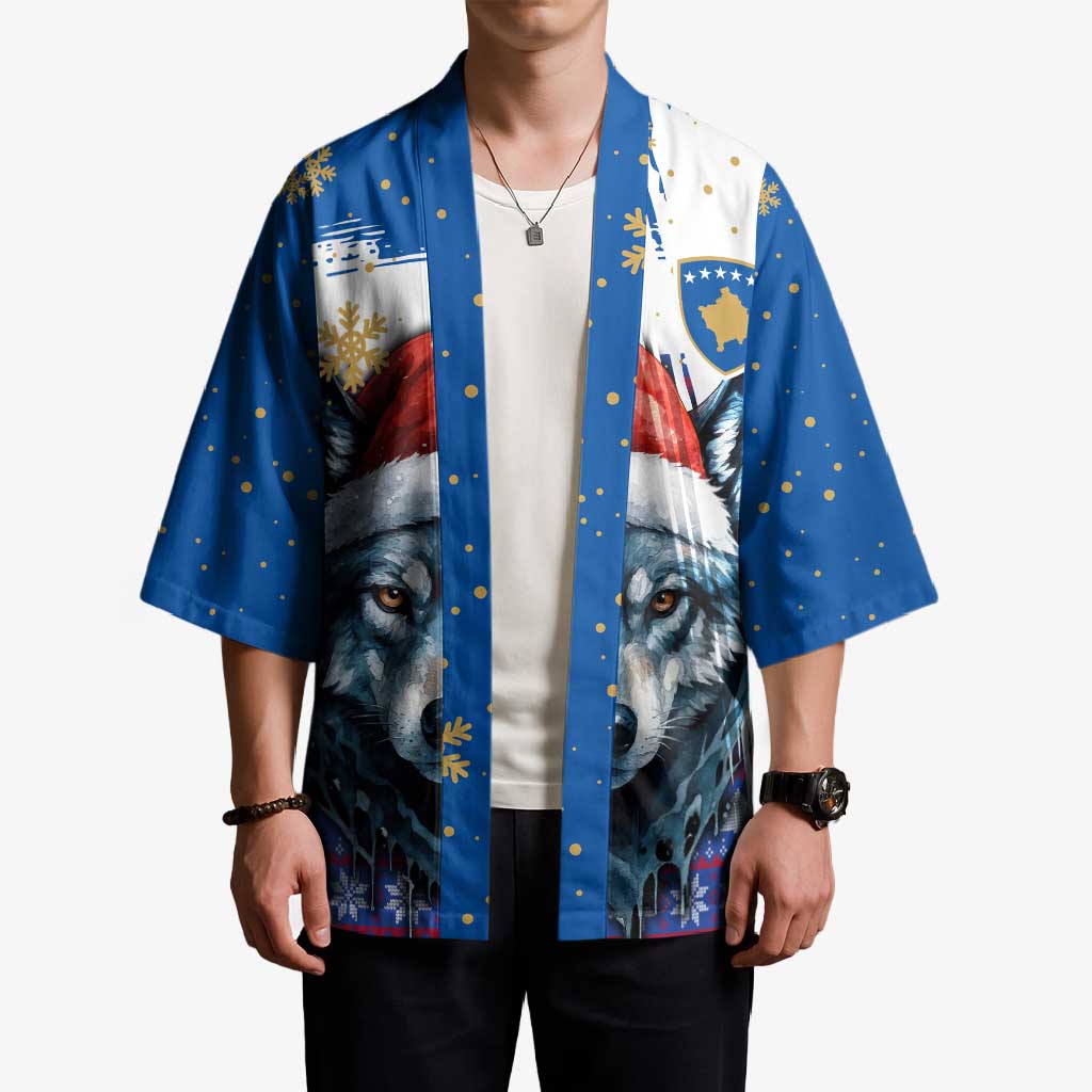 Kosovo Christmas Kimono with Santa Wolf Snowflakes Blue Pattern and National Emblem - Wonder Print Shop