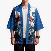 Kosovo Christmas Kimono with Santa Wolf Snowflakes Blue Pattern and National Emblem - Wonder Print Shop