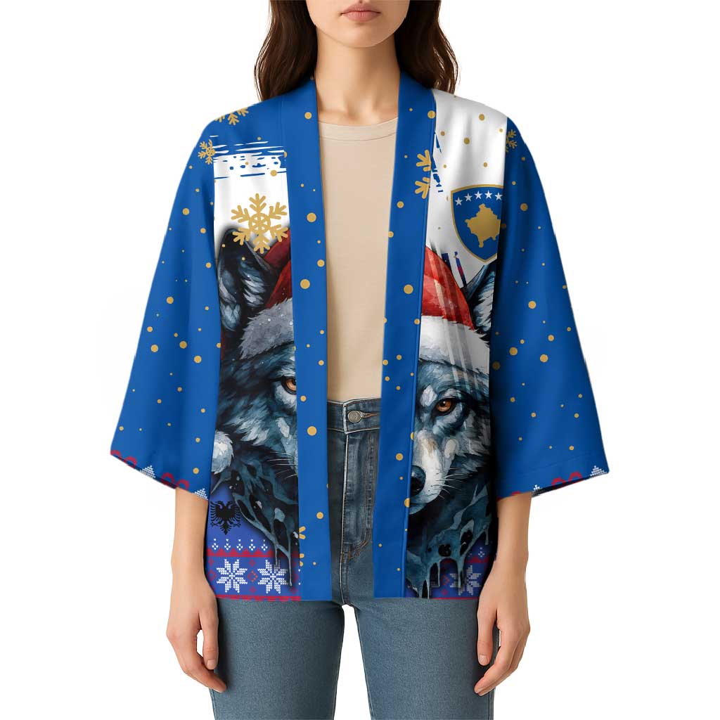 Kosovo Christmas Kimono with Santa Wolf Snowflakes Blue Pattern and National Emblem - Wonder Print Shop