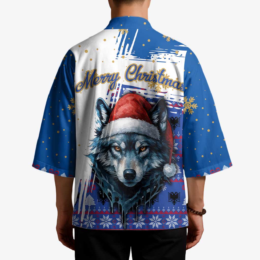 Kosovo Christmas Kimono with Santa Wolf Snowflakes Blue Pattern and National Emblem - Wonder Print Shop