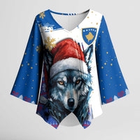 Kosovo Christmas Kimono Sleeve Blouse with Santa Wolf Snowflakes Blue Pattern and National Emblem - Wonder Print Shop