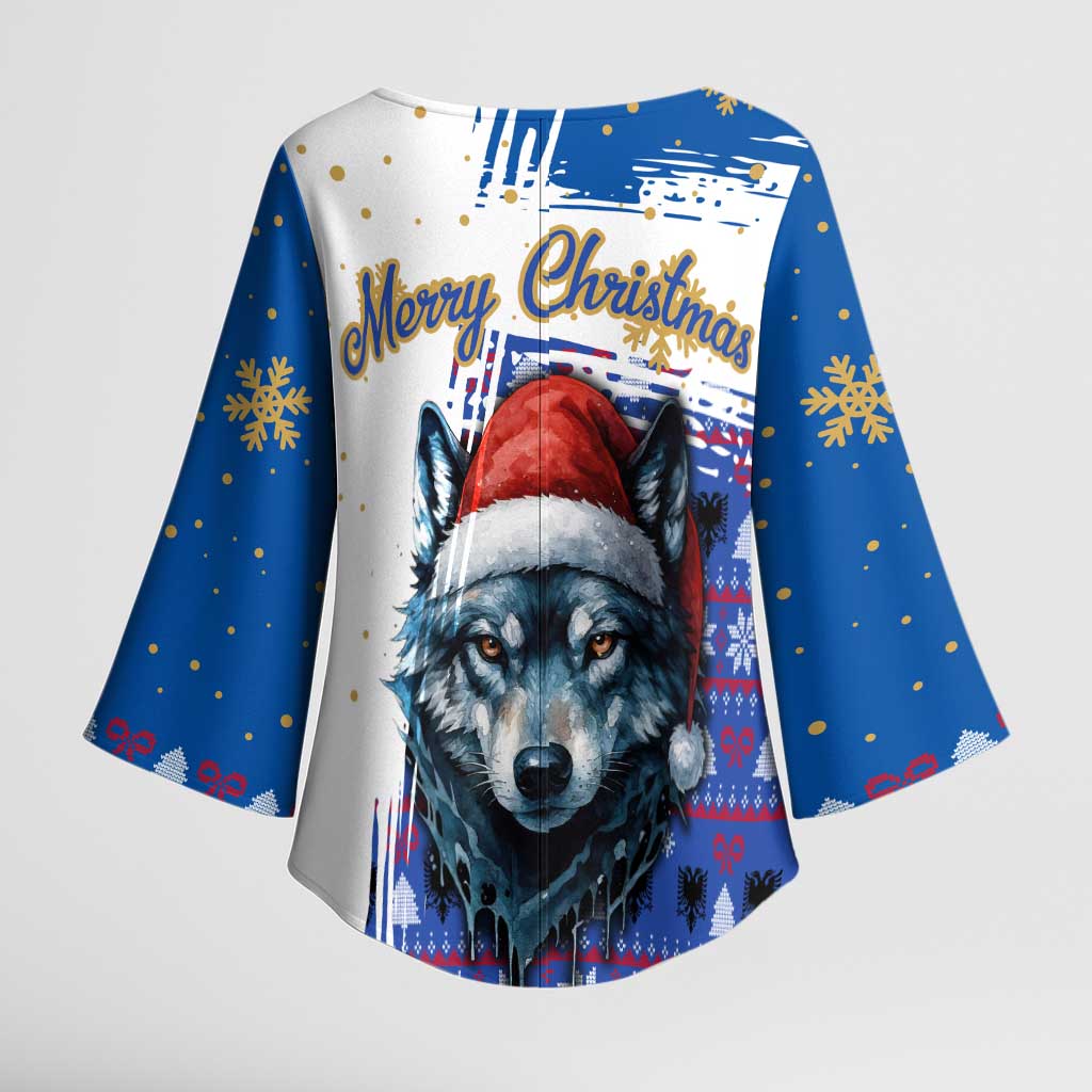 Kosovo Christmas Kimono Sleeve Blouse with Santa Wolf Snowflakes Blue Pattern and National Emblem - Wonder Print Shop