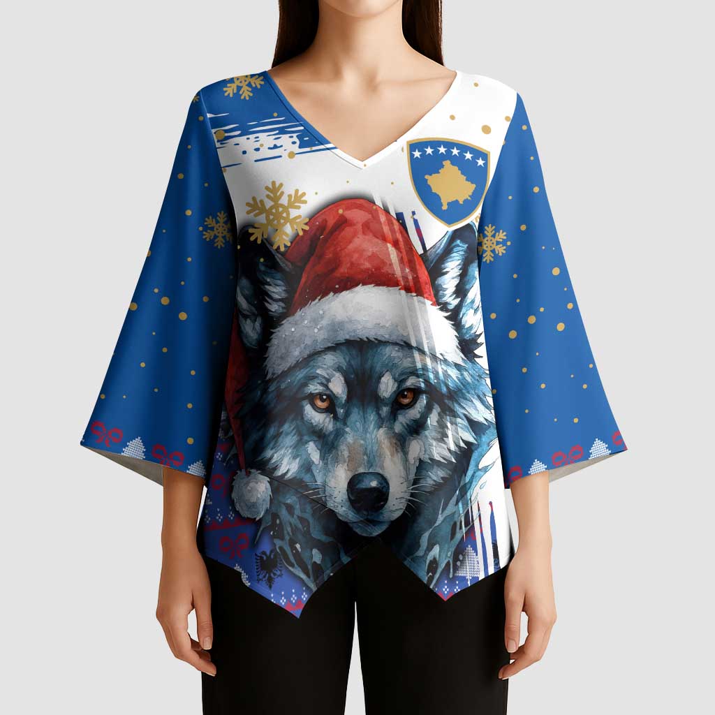 Kosovo Christmas Kimono Sleeve Blouse with Santa Wolf Snowflakes Blue Pattern and National Emblem - Wonder Print Shop