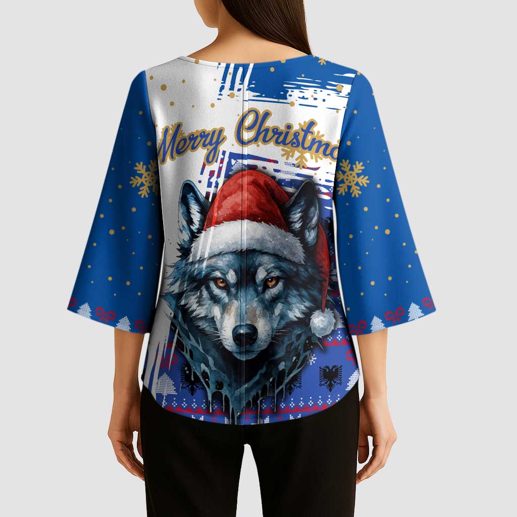 Kosovo Christmas Kimono Sleeve Blouse with Santa Wolf Snowflakes Blue Pattern and National Emblem - Wonder Print Shop