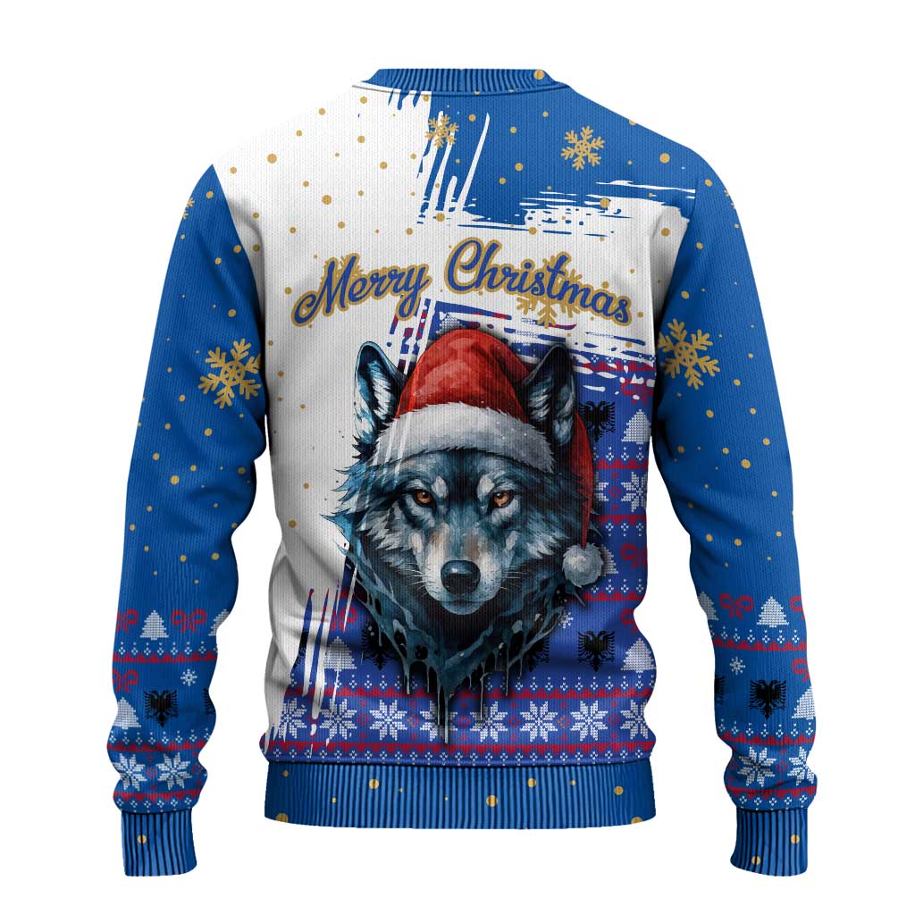 Kosovo Christmas Ugly Christmas Sweater with Santa Wolf Snowflakes Blue Pattern and National Emblem - Wonder Print Shop