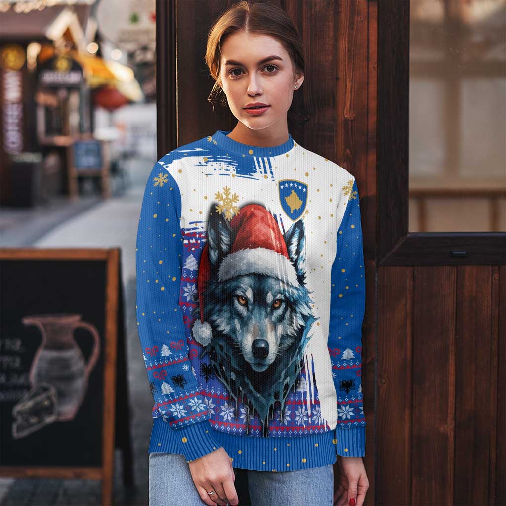Kosovo Christmas Ugly Christmas Sweater with Santa Wolf Snowflakes Blue Pattern and National Emblem - Wonder Print Shop