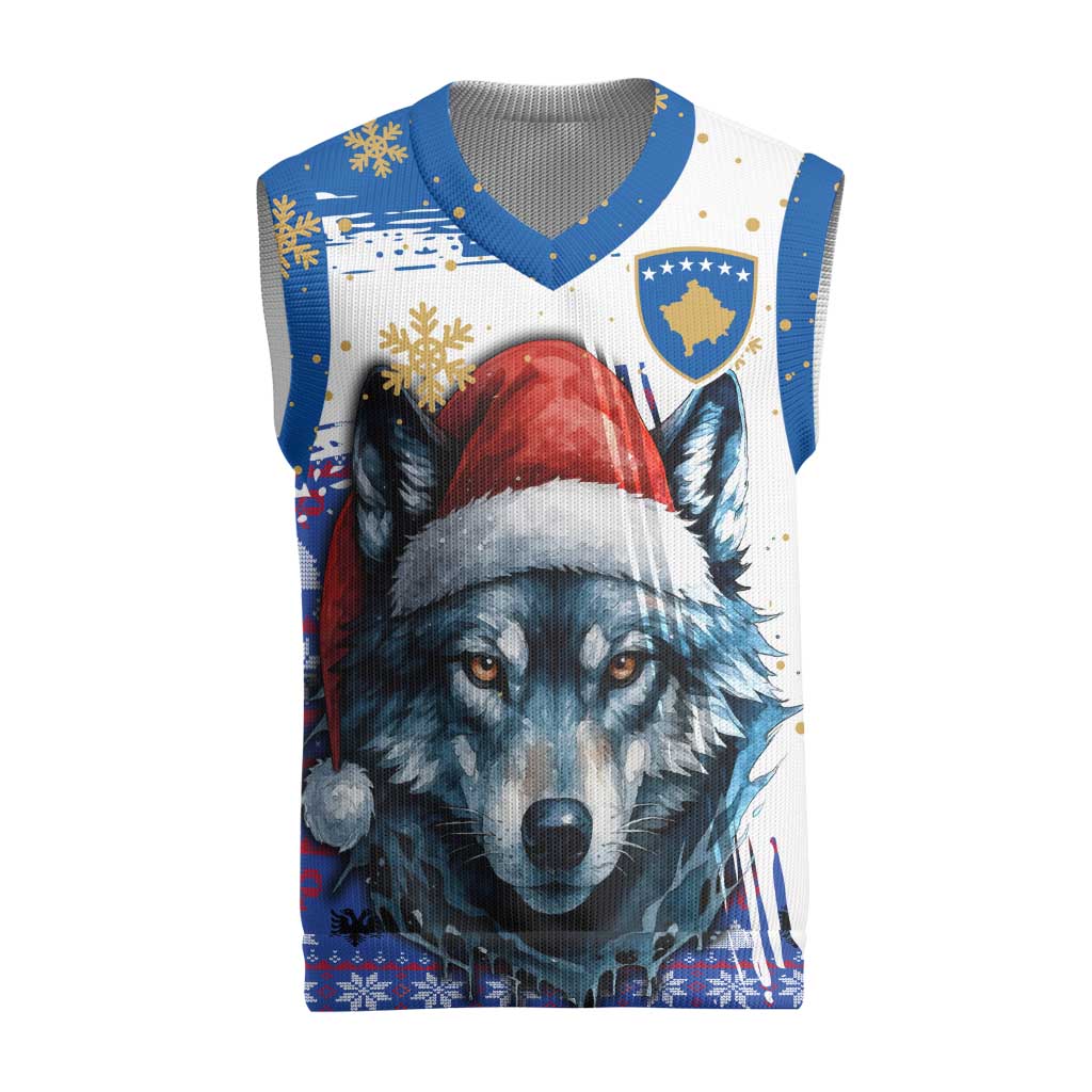 Kosovo Christmas Knitted V-Neck Vest with Santa Wolf Snowflakes Blue Pattern and National Emblem - Wonder Print Shop