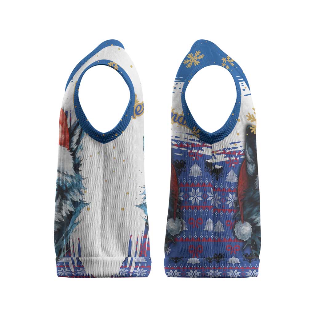 Kosovo Christmas Knitted V-Neck Vest with Santa Wolf Snowflakes Blue Pattern and National Emblem - Wonder Print Shop