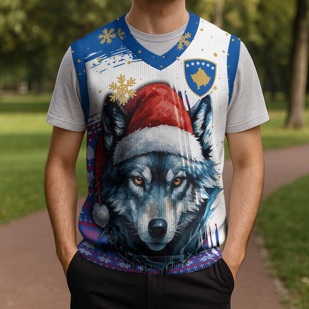 Kosovo Christmas Knitted V-Neck Vest with Santa Wolf Snowflakes Blue Pattern and National Emblem - Wonder Print Shop