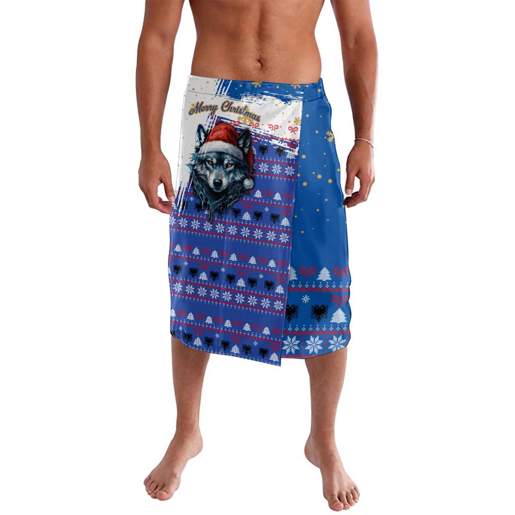 Kosovo Christmas Lavalava with Santa Wolf Snowflakes Blue Pattern and National Emblem - Wonder Print Shop