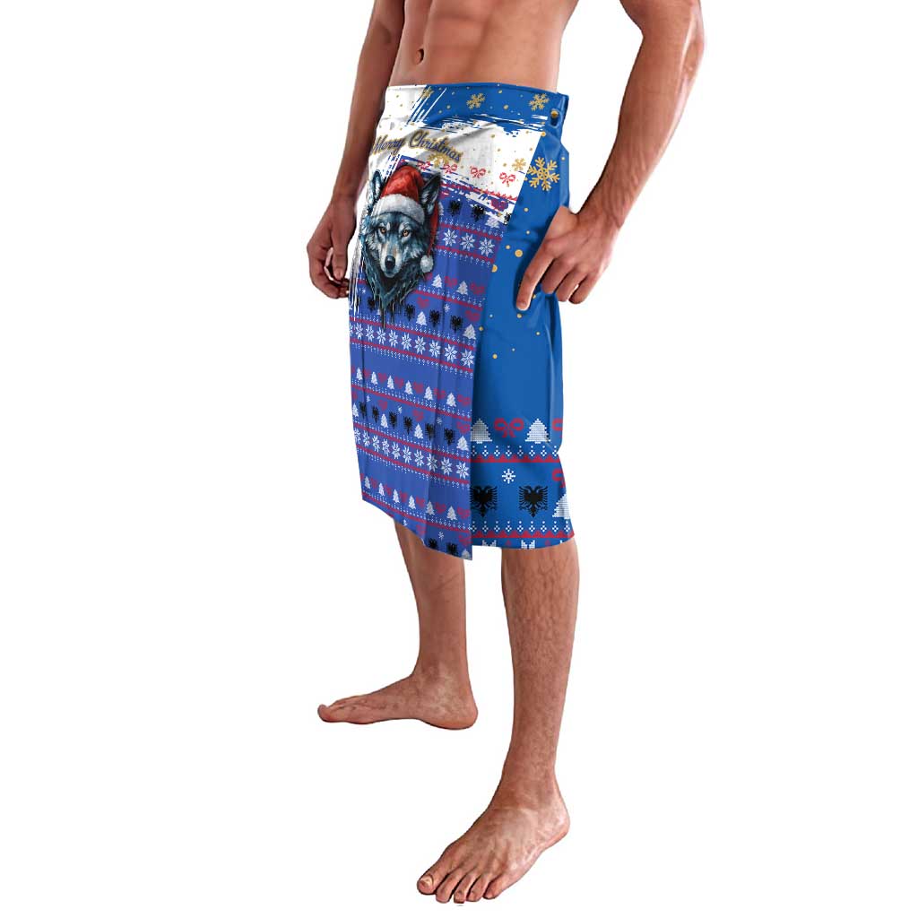 Kosovo Christmas Lavalava with Santa Wolf Snowflakes Blue Pattern and National Emblem - Wonder Print Shop