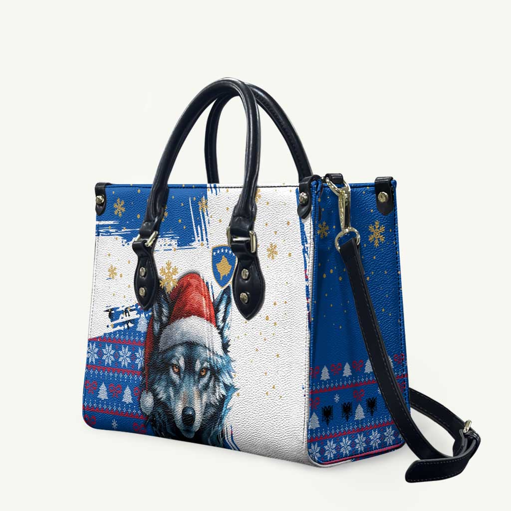 Kosovo Christmas Leather Bag with Santa Wolf Snowflakes Blue Pattern and National Emblem - Wonder Print Shop