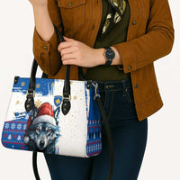 Kosovo Christmas Leather Bag with Santa Wolf Snowflakes Blue Pattern and National Emblem - Wonder Print Shop