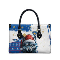 Kosovo Christmas Leather Bag with Santa Wolf Snowflakes Blue Pattern and National Emblem - Wonder Print Shop