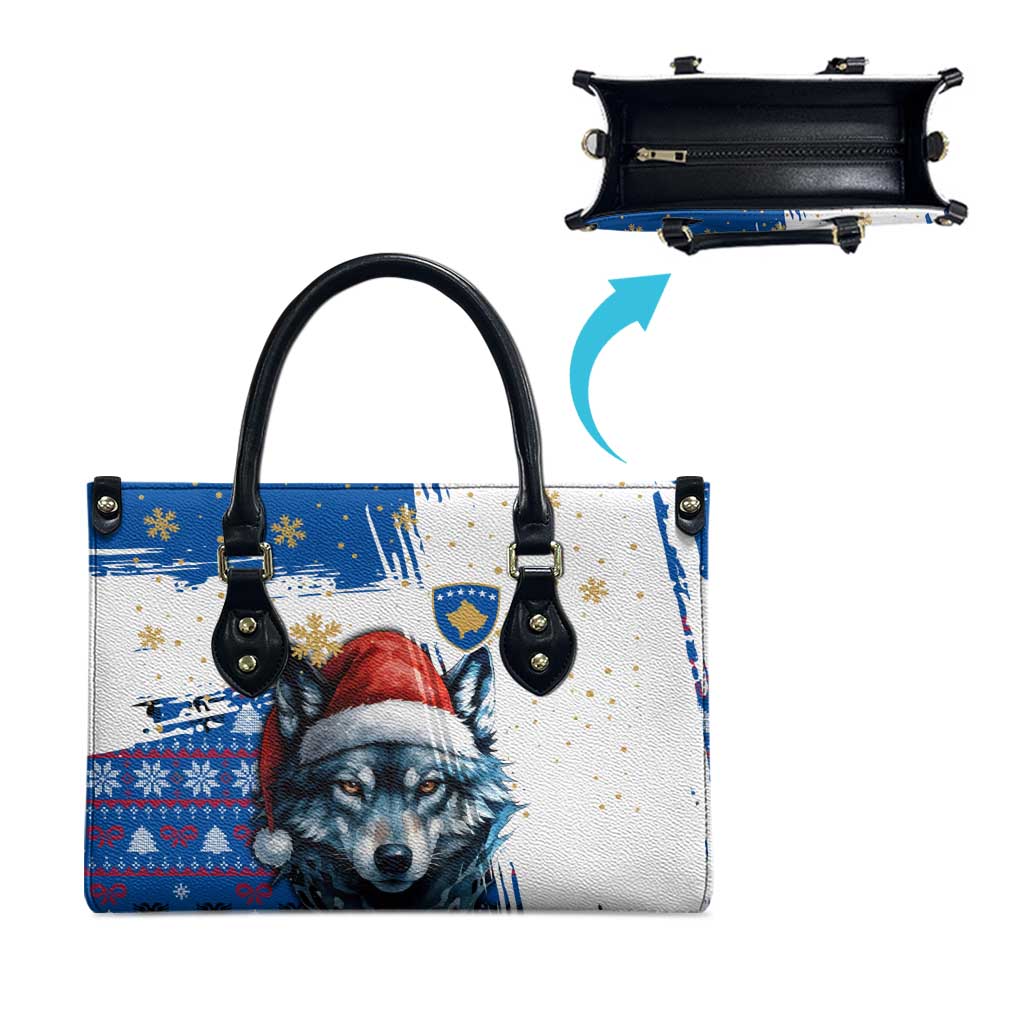 Kosovo Christmas Leather Bag with Santa Wolf Snowflakes Blue Pattern and National Emblem - Wonder Print Shop