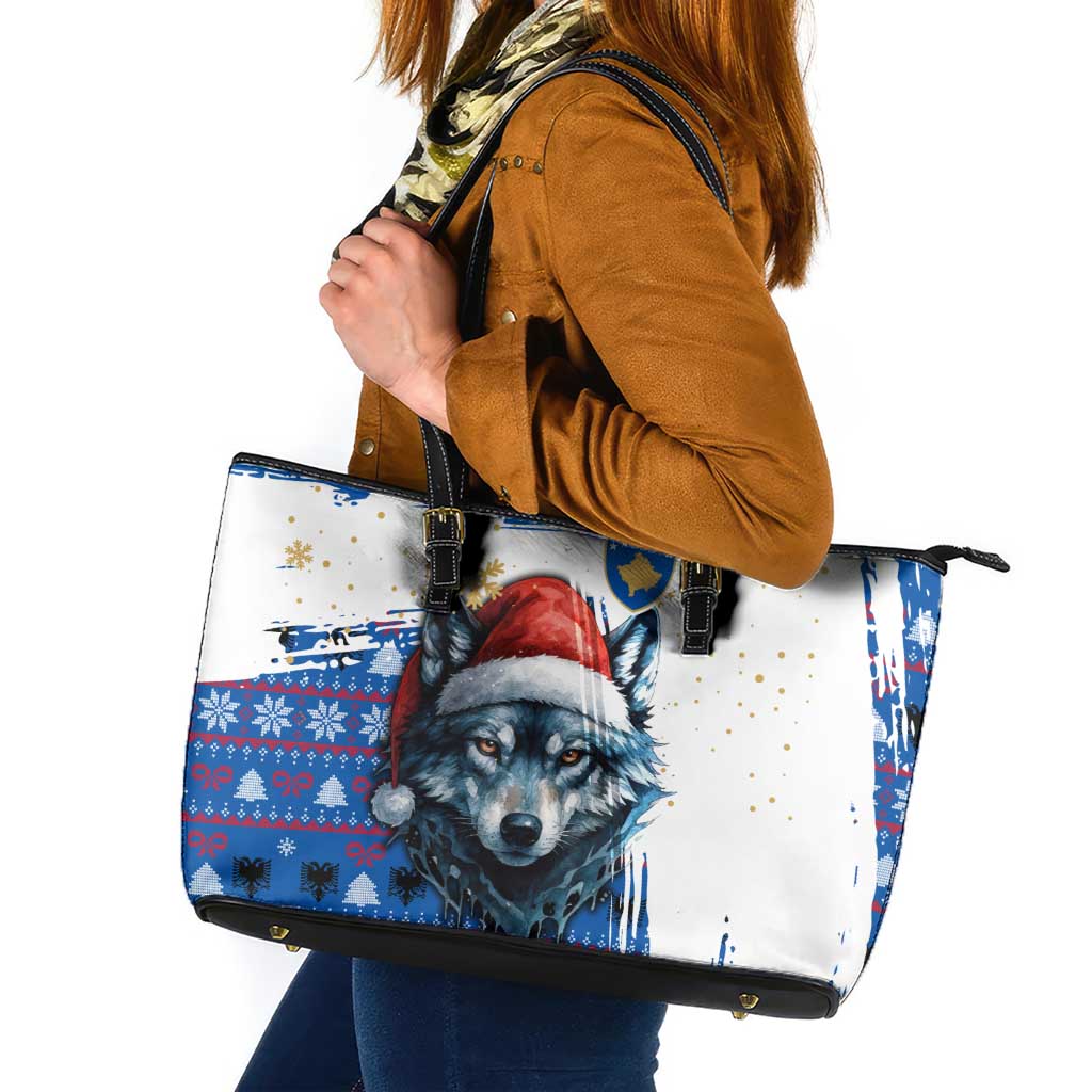 Kosovo Christmas Leather Tote Bag with Santa Wolf Snowflakes Blue Pattern and National Emblem - Wonder Print Shop