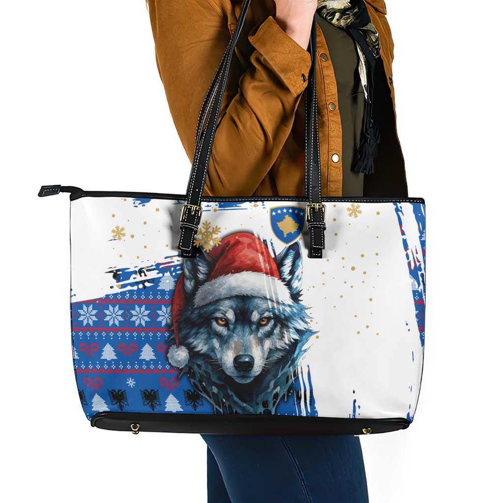 Kosovo Christmas Leather Tote Bag with Santa Wolf Snowflakes Blue Pattern and National Emblem - Wonder Print Shop