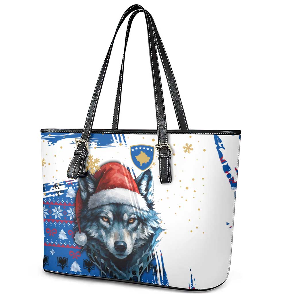 Kosovo Christmas Leather Tote Bag with Santa Wolf Snowflakes Blue Pattern and National Emblem - Wonder Print Shop