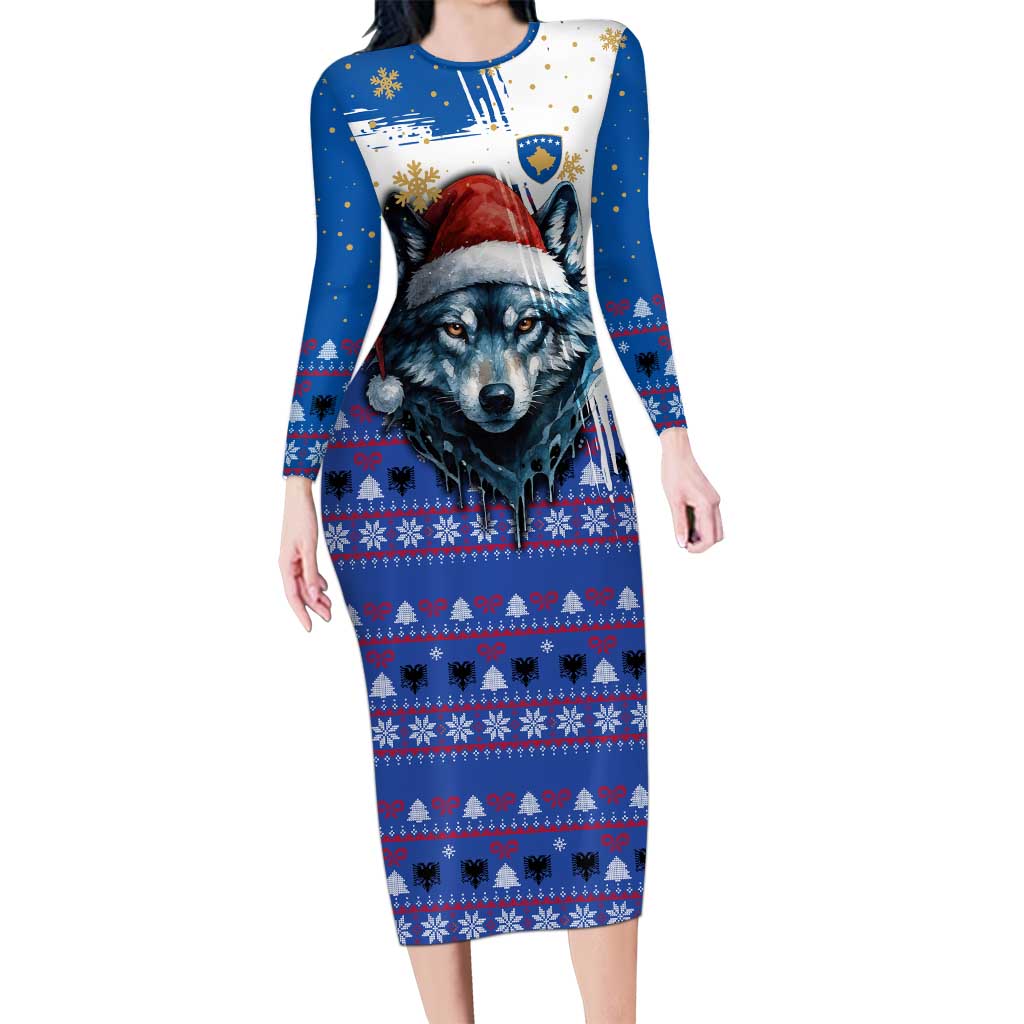 Kosovo Christmas Long Sleeve Bodycon Dress with Santa Wolf Snowflakes Blue Pattern and National Emblem - Wonder Print Shop