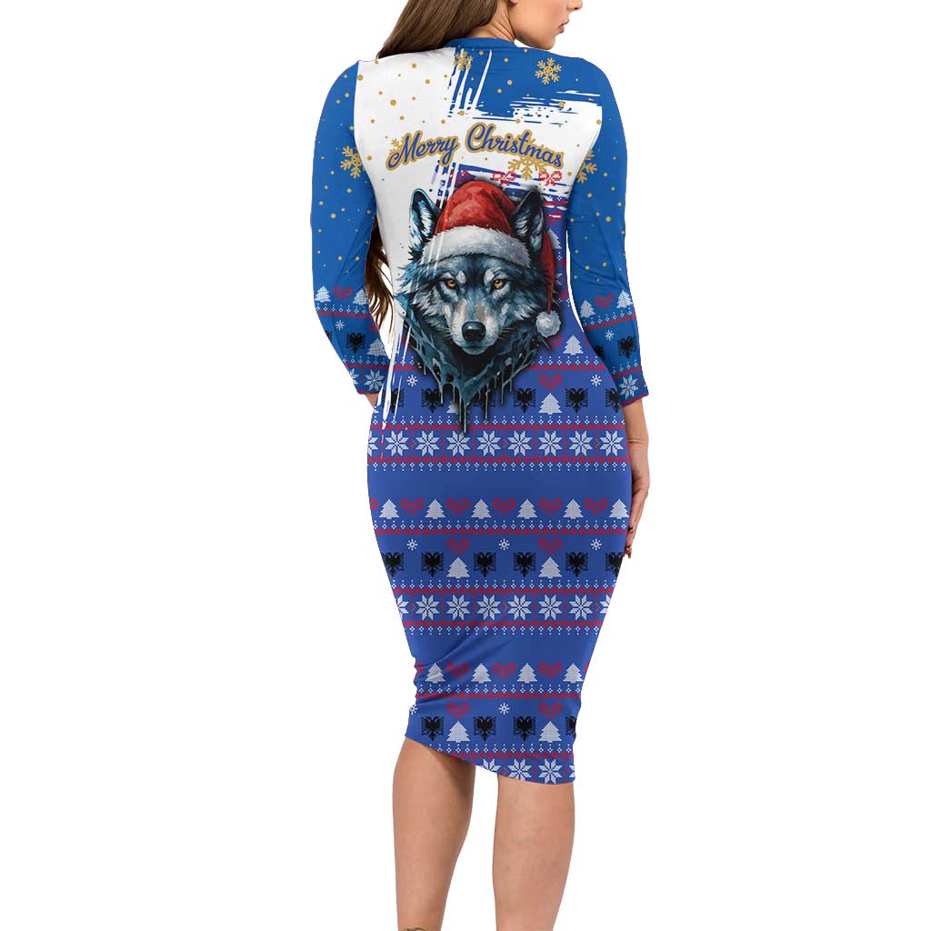 Kosovo Christmas Long Sleeve Bodycon Dress with Santa Wolf Snowflakes Blue Pattern and National Emblem - Wonder Print Shop