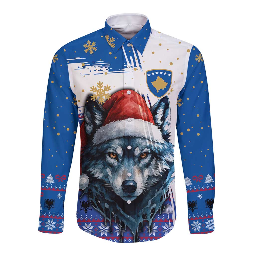 Kosovo Christmas Long Sleeve Button Shirt with Santa Wolf Snowflakes Blue Pattern and National Emblem - Wonder Print Shop