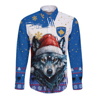 Kosovo Christmas Long Sleeve Button Shirt with Santa Wolf Snowflakes Blue Pattern and National Emblem - Wonder Print Shop