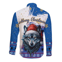 Kosovo Christmas Long Sleeve Button Shirt with Santa Wolf Snowflakes Blue Pattern and National Emblem - Wonder Print Shop